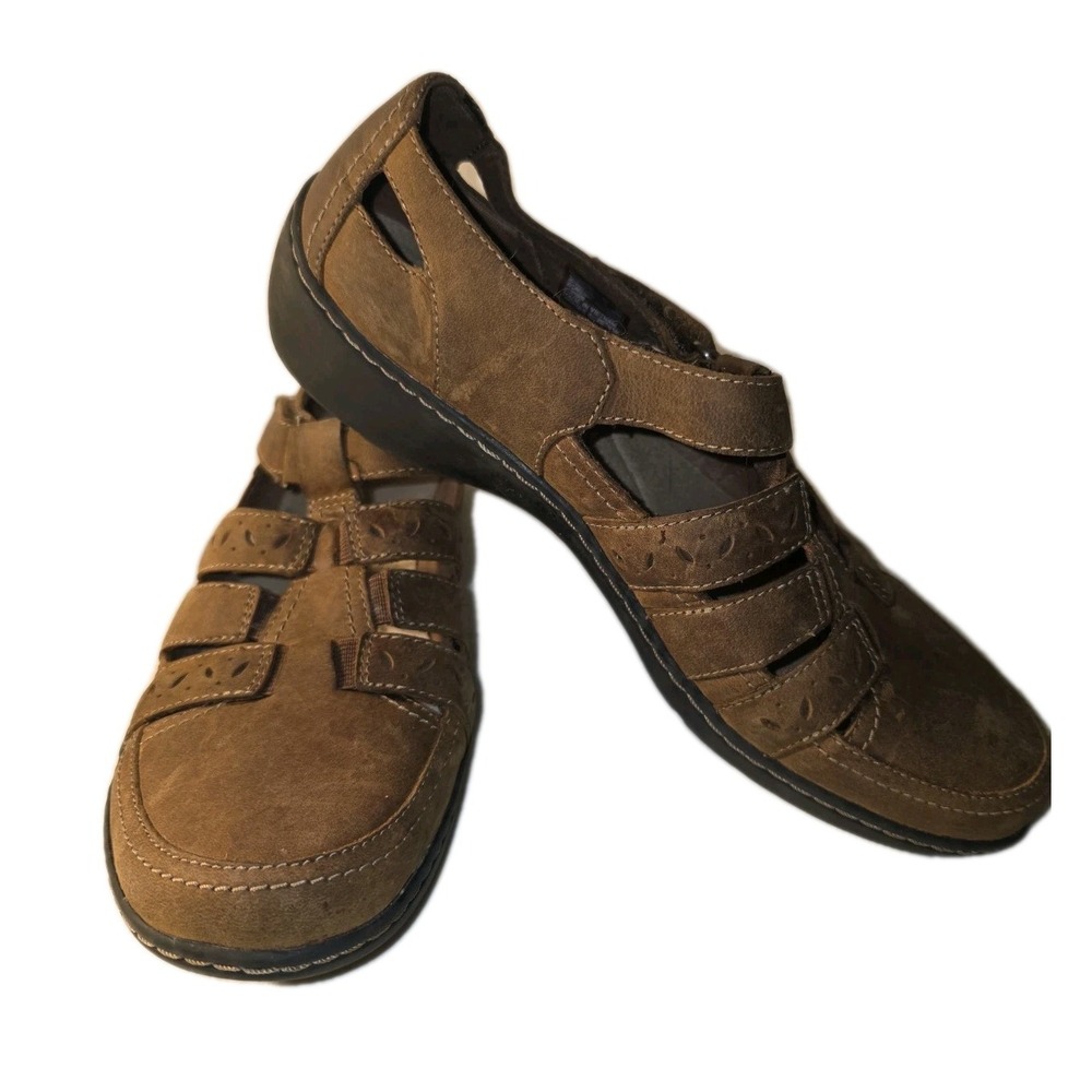 Boho Clarks Shoes Womens 9 Brown Leather Appley Strap Mary Jane Slip On Comfort